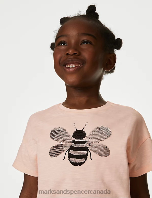 Marks and Spencer Canada - Kids Light Peach Clothing Marks & Spencer Pure Cotton Sequin Bee T-Shirt 20VTD8936