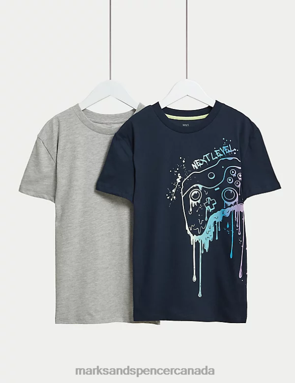 Kids Navy Mix Clothing Marks & Spencer 2pk Pure Cotton Gamer T-Shirts 20VTD7847 - Marks and Spencer outlet