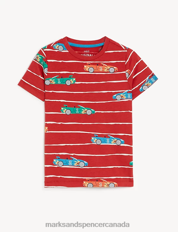 Kids Red Mix Clothing Marks & Spencer Pure Cotton Car T-Shirt 20VTD8148 - Marks and Spencer outlet