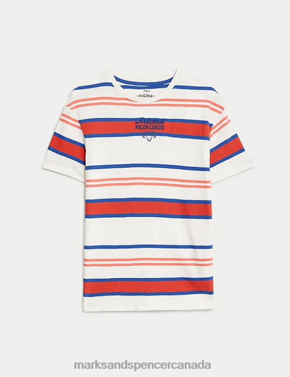 Marks and Spencer sale - Kids Red Mix Clothing Marks & Spencer Pure Cotton Striped T-Shirt 20VTD8045