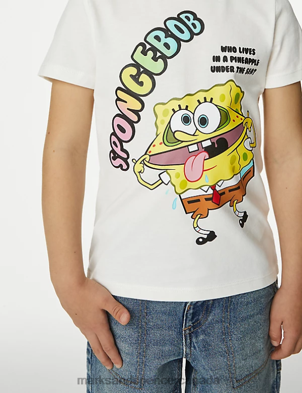 Marks and Spencer Canada - Kids White Mix Clothing Marks & Spencer Pure Cotton Spongebob Squarepants Print T-shirt 20VTD8383