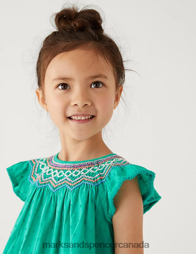 Clothing 20VTD9918 Bright Jade Kids Marks & Spencer Pure Cotton Embroidered Top - Marks and Spencer Canada locations