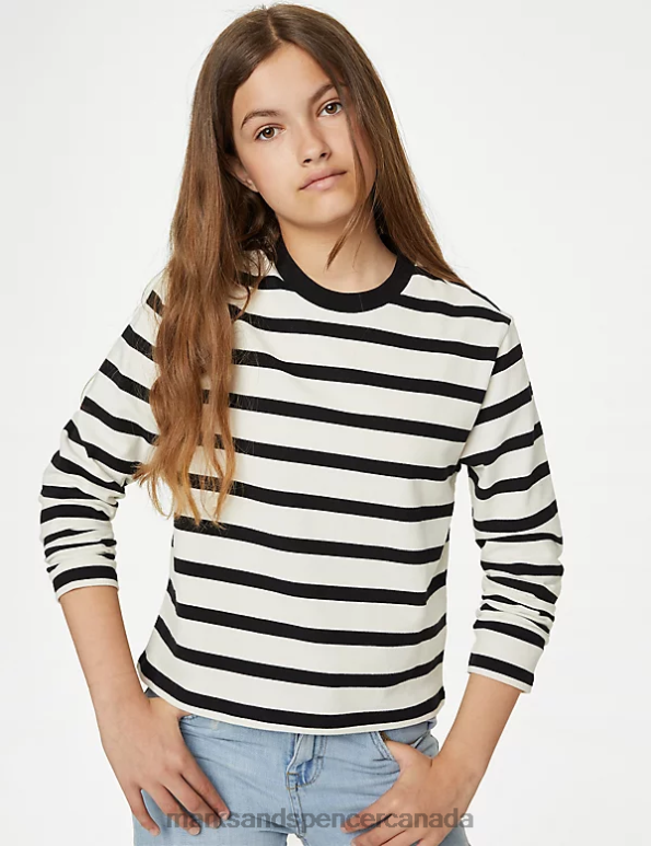 Kids Black Mix Clothing Marks & Spencer Pure Cotton Striped Top 20VTD9006 - Marks and Spencer online
