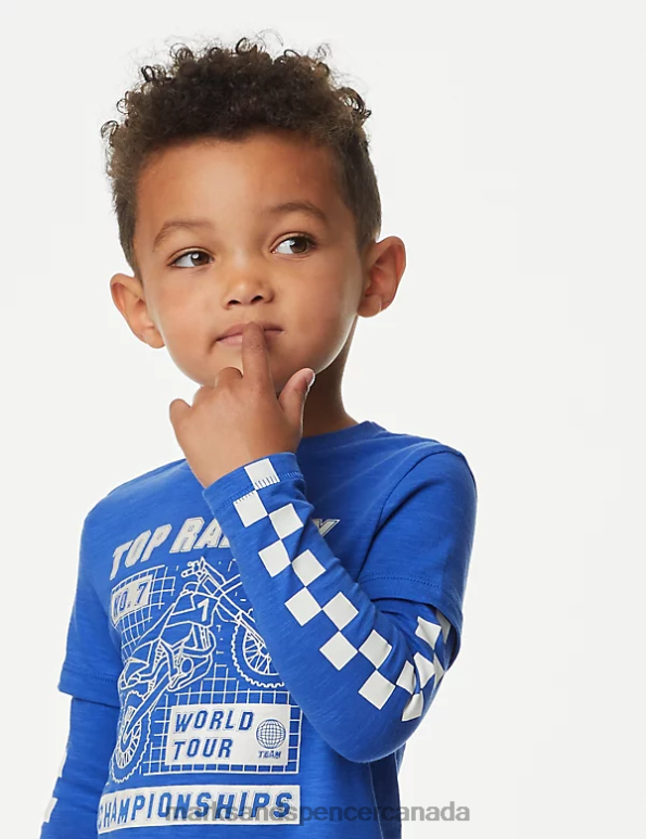 Kids Blue Mix Clothing Marks & Spencer Pure Cotton Motorbike Graphic Top 20VTD7834 - Marks and Spencer outlet