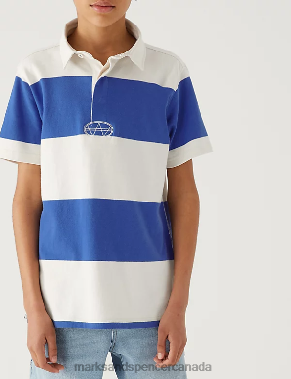 Kids Blue Mix Clothing Marks & Spencer Pure Cotton Striped Rugby Shirt 20VTD8641 - Marks and Spencer outlet