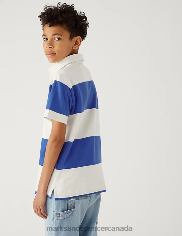 Kids Blue Mix Clothing Marks & Spencer Pure Cotton Striped Rugby Shirt 20VTD8641 - Marks and Spencer outlet