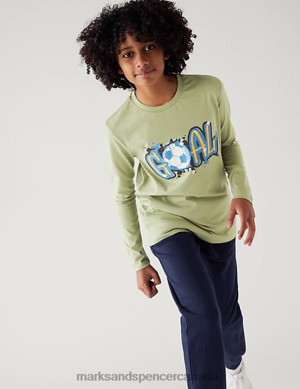 Kids Light Olive Clothing Marks & Spencer Pure Cotton Goal Graphic Top 20VTD8529 - Marks and Spencer online