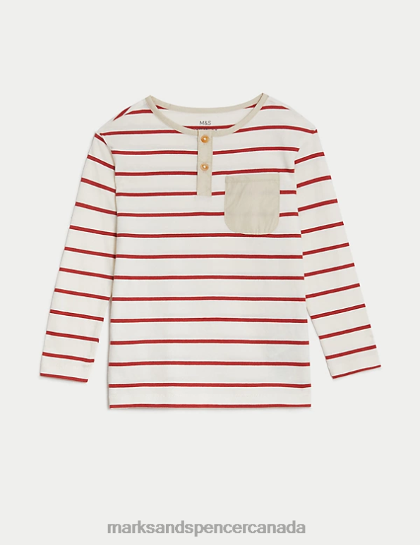 Marks and Spencer sale - Kids Red Mix Clothing Marks & Spencer Pure Cotton Breton Striped Henley Top 20VTD7848