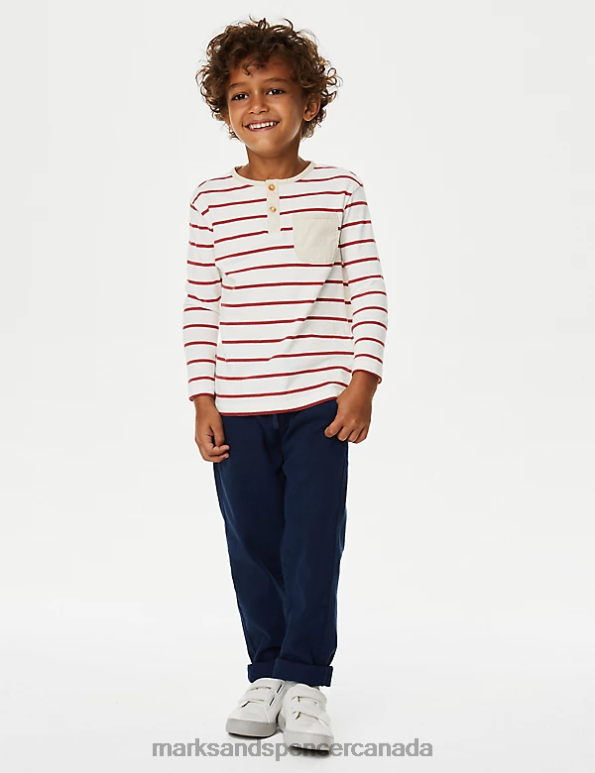 Marks and Spencer sale - Kids Red Mix Clothing Marks & Spencer Pure Cotton Breton Striped Henley Top 20VTD7848