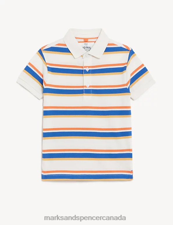 Kids White Mix Clothing Marks & Spencer Pure Cotton Striped Polo Shirt 20VTD8199 - Marks and Spencer Canada locations