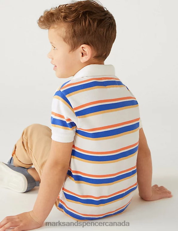 Kids White Mix Clothing Marks & Spencer Pure Cotton Striped Polo Shirt 20VTD8199 - Marks and Spencer Canada locations