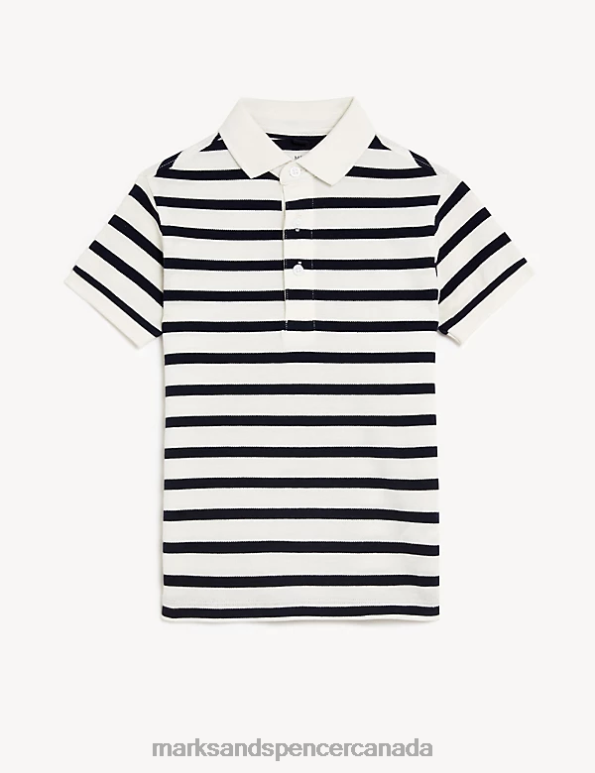 Marks and Spencer Canada - Kids White Mix Clothing Marks & Spencer Pure Cotton Striped Polo Shirt 20VTD8318