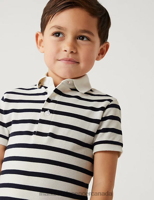 Marks and Spencer Canada - Kids White Mix Clothing Marks & Spencer Pure Cotton Striped Polo Shirt 20VTD8318