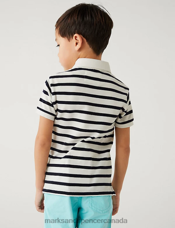 Marks and Spencer Canada - Kids White Mix Clothing Marks & Spencer Pure Cotton Striped Polo Shirt 20VTD8318