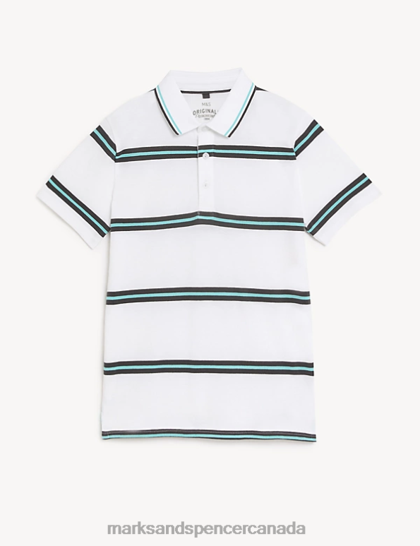 Kids White Mix Clothing Marks & Spencer Pure Cotton Striped Polo Shirt 20VTD8439 - Marks and Spencer outlet