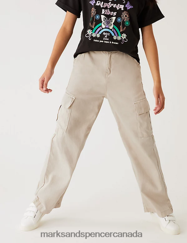 Marks and Spencer Canada - Clothing 20VTD9792 Stone Kids Marks & Spencer Wide Leg Cotton Blend Cargo Trousers