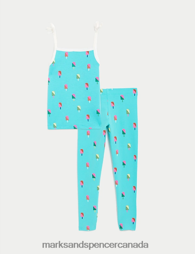 Marks and Spencer Canada - Clothing 20VTD9558 Bright Aqua Kids Marks & Spencer Cotton Rich Printed Top & Bottom Outfit