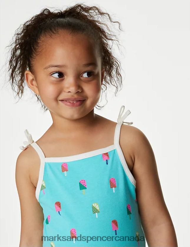 Marks and Spencer Canada - Clothing 20VTD9558 Bright Aqua Kids Marks & Spencer Cotton Rich Printed Top & Bottom Outfit
