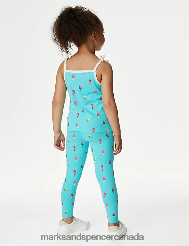 Marks and Spencer Canada - Clothing 20VTD9558 Bright Aqua Kids Marks & Spencer Cotton Rich Printed Top & Bottom Outfit