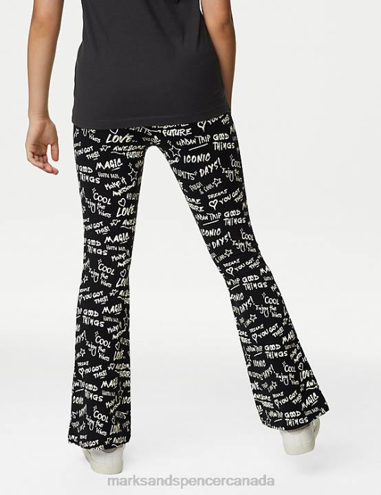 Marks & Spencer Kids Cotton Rich Slogan Print Flared Leggings Clothing Black Mix 20VTD9036 - Marks and Spencer Canada locations