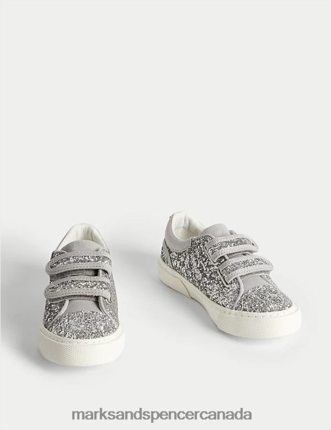 Marks and Spencer sale - Footwear 20VTD9295 Silver Kids Marks & Spencer Glitter Riptape Freshfeet Trainers 4 Small - 13 Small)