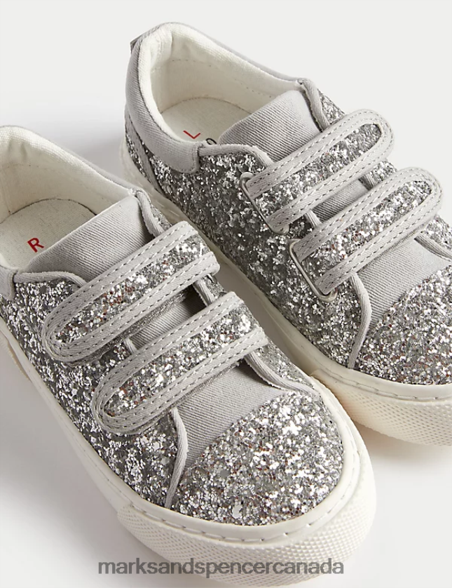 Marks and Spencer sale - Footwear 20VTD9295 Silver Kids Marks & Spencer Glitter Riptape Freshfeet Trainers 4 Small - 13 Small)