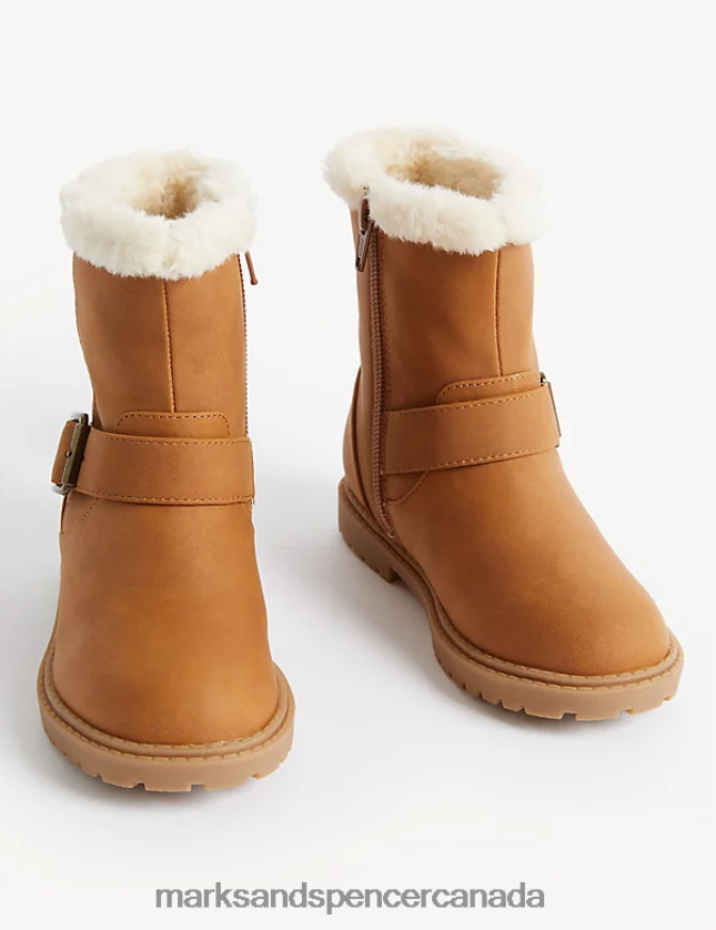 Footwear 20VTD9947 Tan Kids Marks & Spencer Faux Fur Lined Buckle Ankle Boots - Marks and Spencer Canada locations