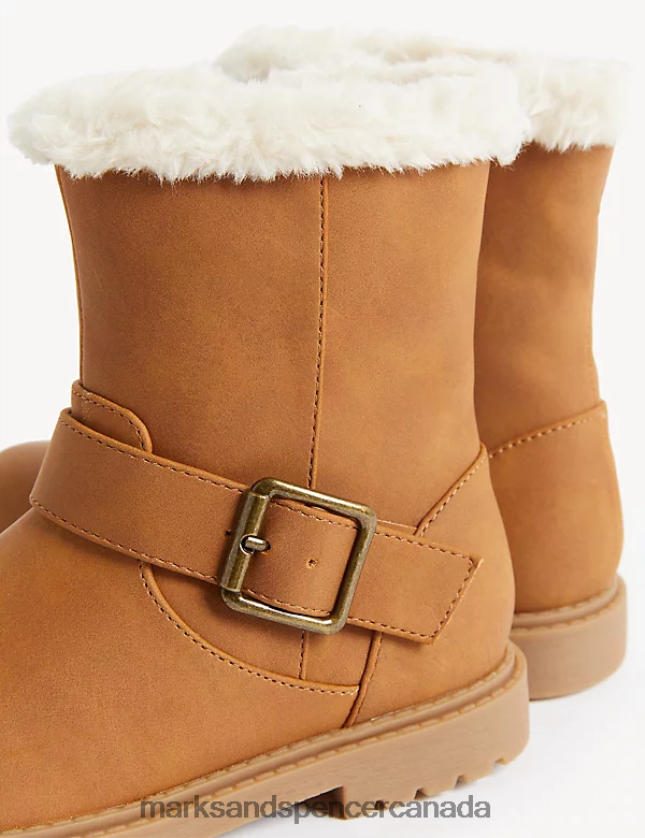 Footwear 20VTD9947 Tan Kids Marks & Spencer Faux Fur Lined Buckle Ankle Boots - Marks and Spencer Canada locations