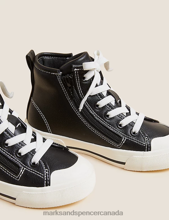 Marks and Spencer Canada - Kids Black Mix Footwear Marks & Spencer Freshfeet Zip High Tops 20VTD8435