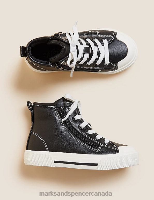 Marks and Spencer Canada - Kids Black Mix Footwear Marks & Spencer Freshfeet Zip High Tops 20VTD8435