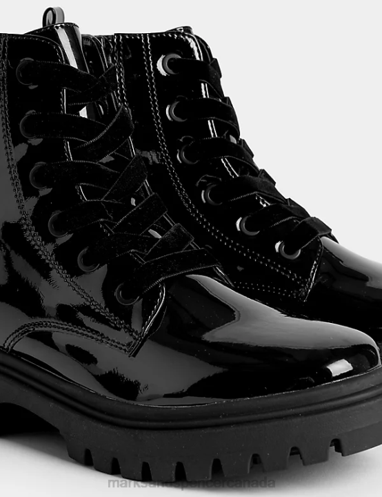 Marks & Spencer Kids Patent Freshfeet Lace Boots Footwear Black 20VTD9156 - Marks and Spencer outlet