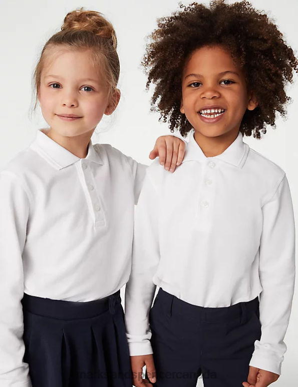 Kids White School Uniform Marks & Spencer Long Sleeve Polo Shirt 20VTD8291 - Marks and Spencer outlet