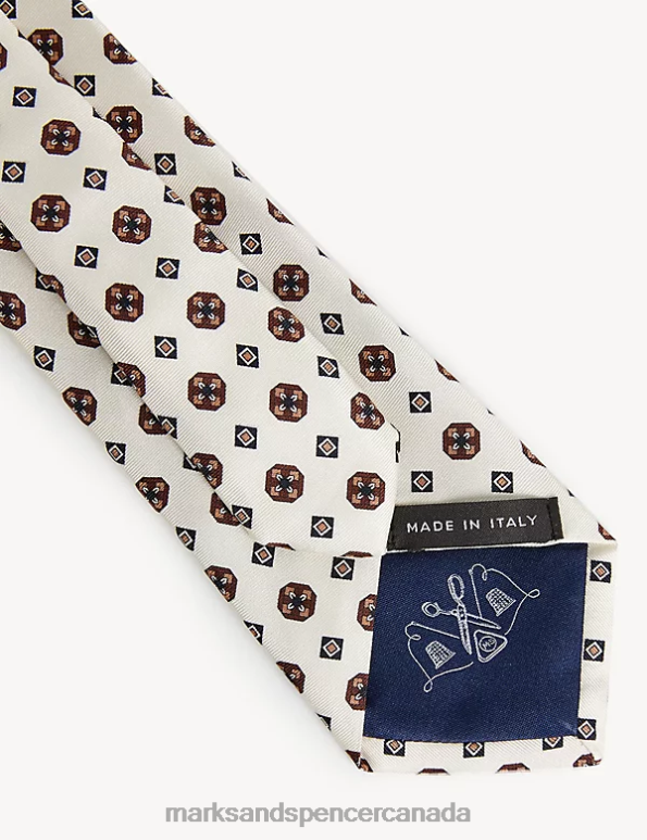 Men Beige Accessories Marks & Spencer Geometric Print Italian Pure Silk Tie 20VTD4974 - Marks and Spencer outlet