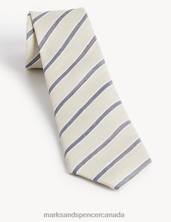 Marks and Spencer Canada - Men Beige Accessories Marks & Spencer Italian Linen and Cotton Striped Tie 20VTD7193