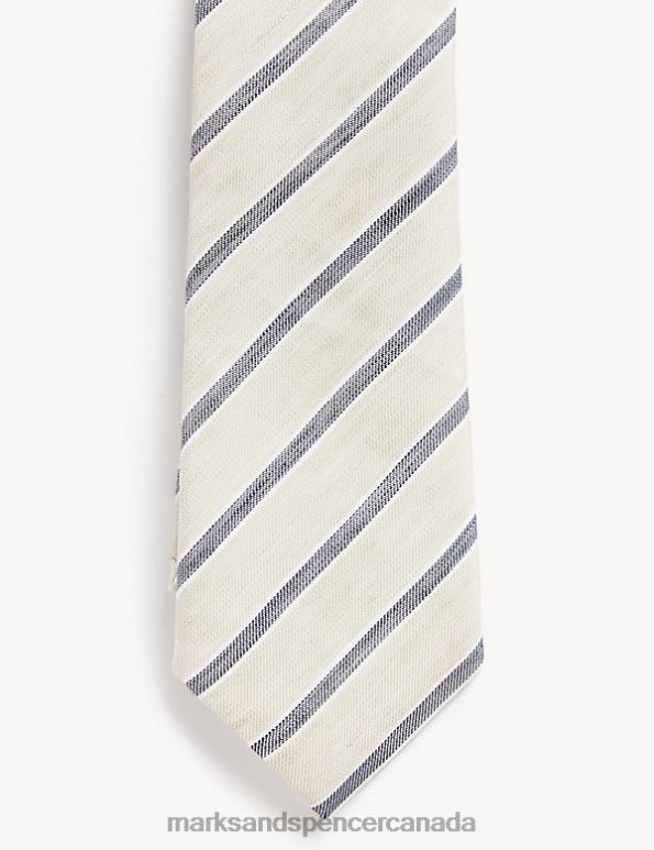 Marks and Spencer Canada - Men Beige Accessories Marks & Spencer Italian Linen and Cotton Striped Tie 20VTD7193