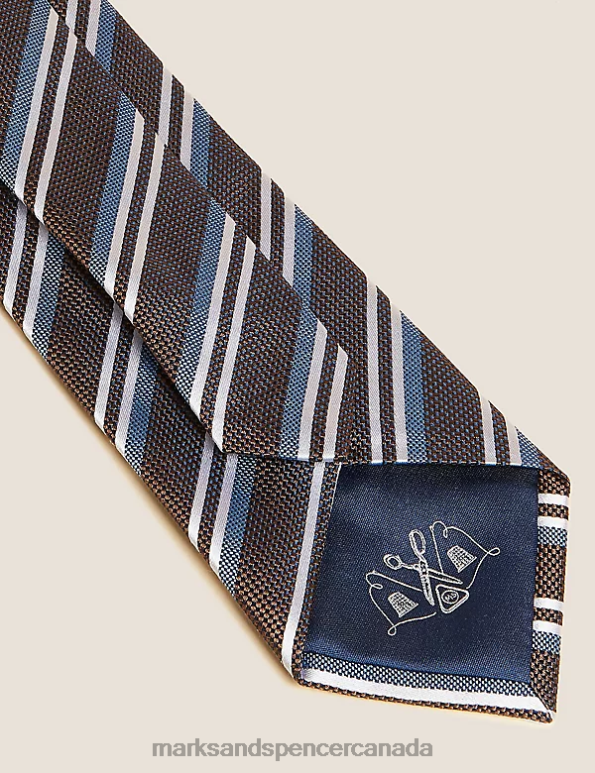 Men Brown Mix Accessories Marks & Spencer Striped Pure Silk Tie 20VTD7070 - Marks and Spencer online