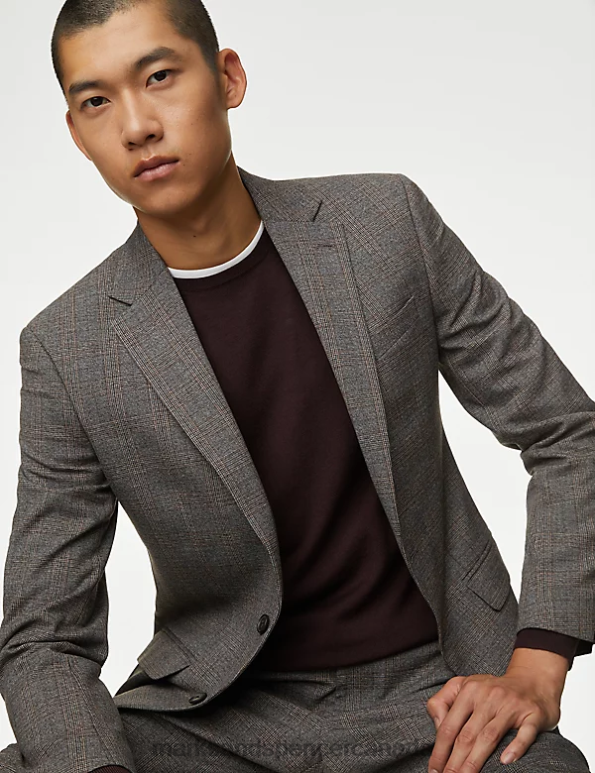 Men Brown Mix Clothing Marks & Spencer Regular Fit Prince of Wales Check Suit Jacket 20VTD5104 - Marks and Spencer online
