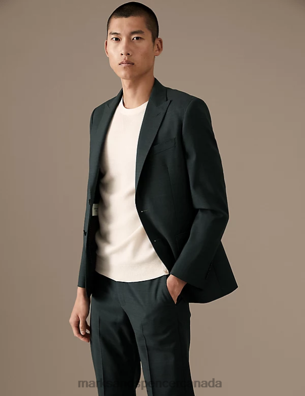 Men Dark Green Clothing Marks & Spencer Tailored Fit Pure Wool Textured Suit Jacket 20VTD5008 - Marks and Spencer Canada locations