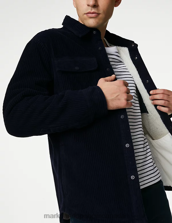 Men Dark Navy Clothing Marks & Spencer Pure Cotton Corduroy Borg Lined Shacket 20VTD6732 - Marks and Spencer outlet