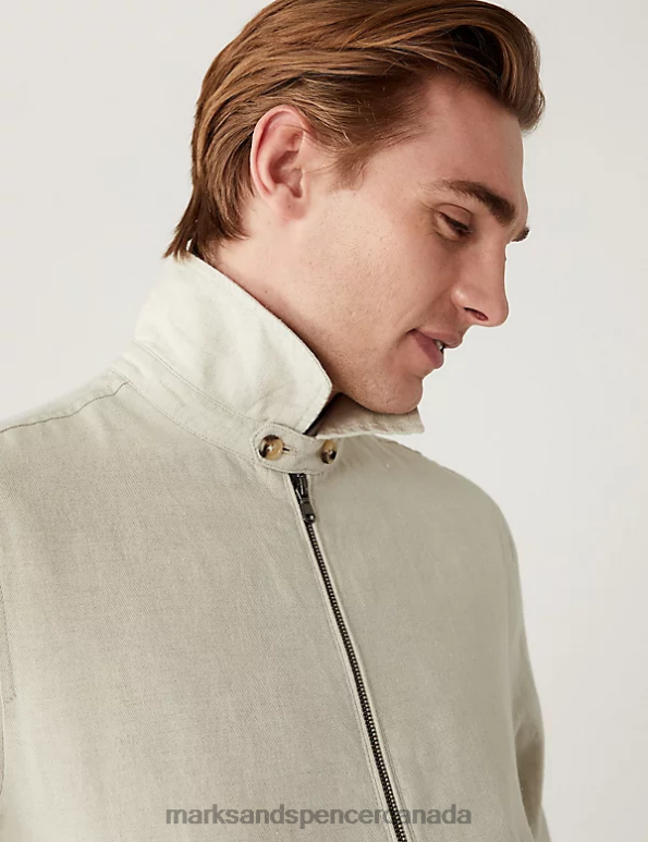Men Ecru Clothing Marks & Spencer Linen Blend Harrington Jacket 20VTD6386 - Marks and Spencer Canada locations