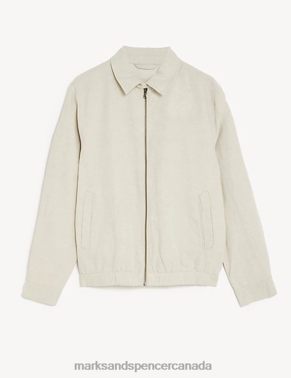 Men Ecru Clothing Marks & Spencer Linen Blend Harrington Jacket 20VTD6386 - Marks and Spencer Canada locations