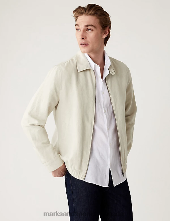Men Ecru Clothing Marks & Spencer Linen Blend Harrington Jacket 20VTD6386 - Marks and Spencer Canada locations