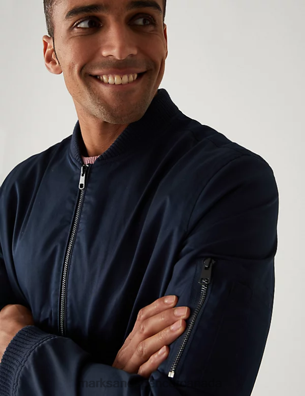 Men Navy Clothing Marks & Spencer Cotton Rich Bomber Jacket 20VTD4978 - Marks and Spencer outlet