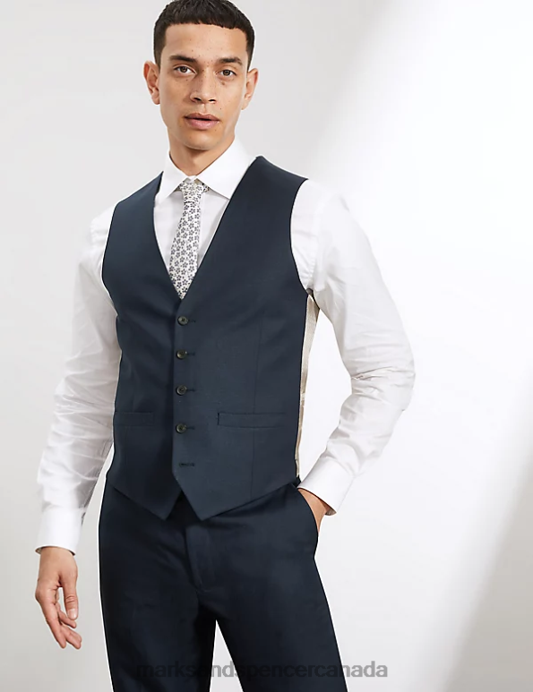 Men Navy Clothing Marks & Spencer Tailored Fit Silk Rich And Linen Waistcoat 20VTD6387 - Marks and Spencer outlet
