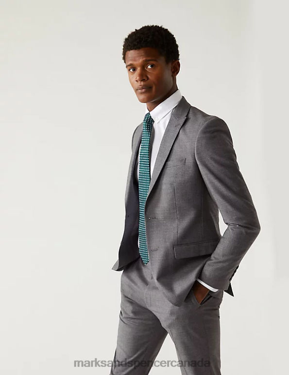 Men Silver Grey Clothing Marks & Spencer Skinny Fit Sharkskin Suit Jacket with Stretch 20VTD5599 - Marks and Spencer online