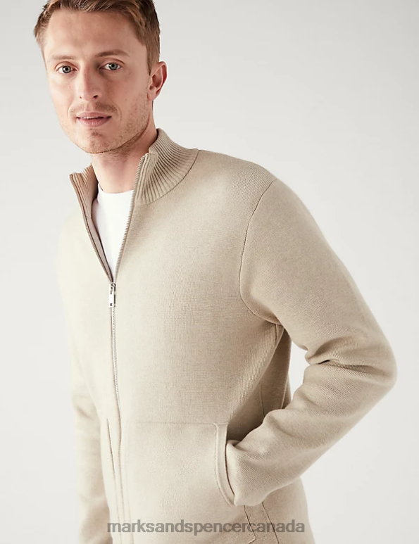 Marks and Spencer sale - Men Stone Clothing Marks & Spencer Cotton Blend Ribbed Zip Up Knitted Jacket 20VTD6919