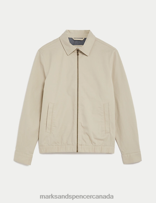 Men Stone Clothing Marks & Spencer Cotton Rich Harrington Jacket 20VTD5147 - Marks and Spencer outlet
