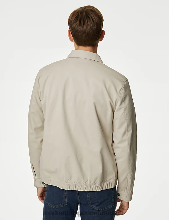 Men Stone Clothing Marks & Spencer Cotton Rich Harrington Jacket 20VTD5147 - Marks and Spencer outlet