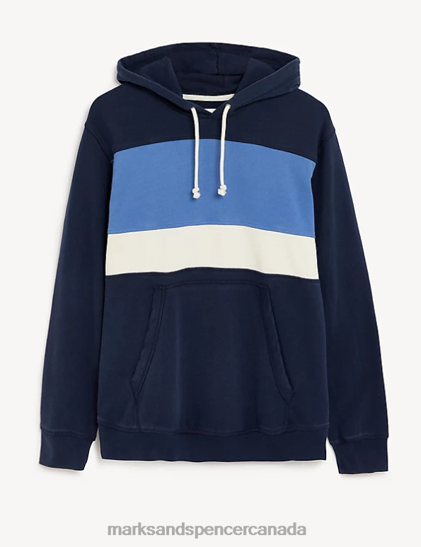 Marks and Spencer Canada - Men Dark Navy Clothing Marks & Spencer Pure Cotton Colour Block Hoodie 20VTD5729