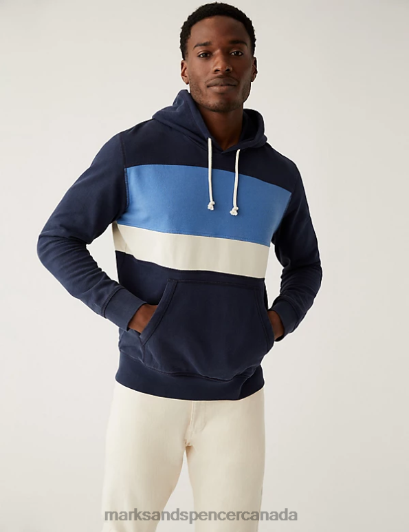 Marks and Spencer Canada - Men Dark Navy Clothing Marks & Spencer Pure Cotton Colour Block Hoodie 20VTD5729